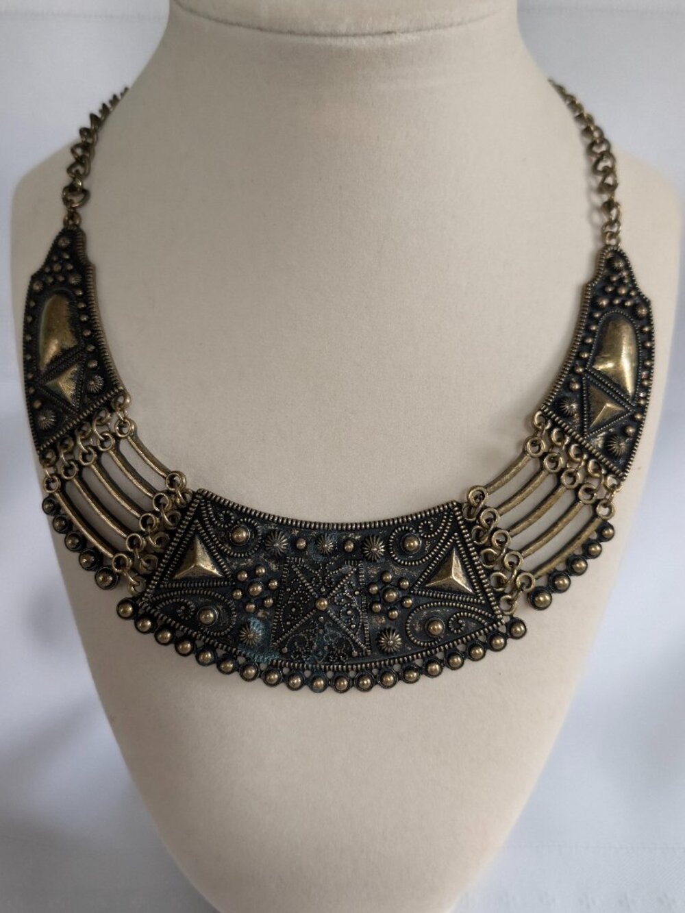 Vintage Etruscan Style Panel Bib Statement Bohemian Necklace Ornate Details